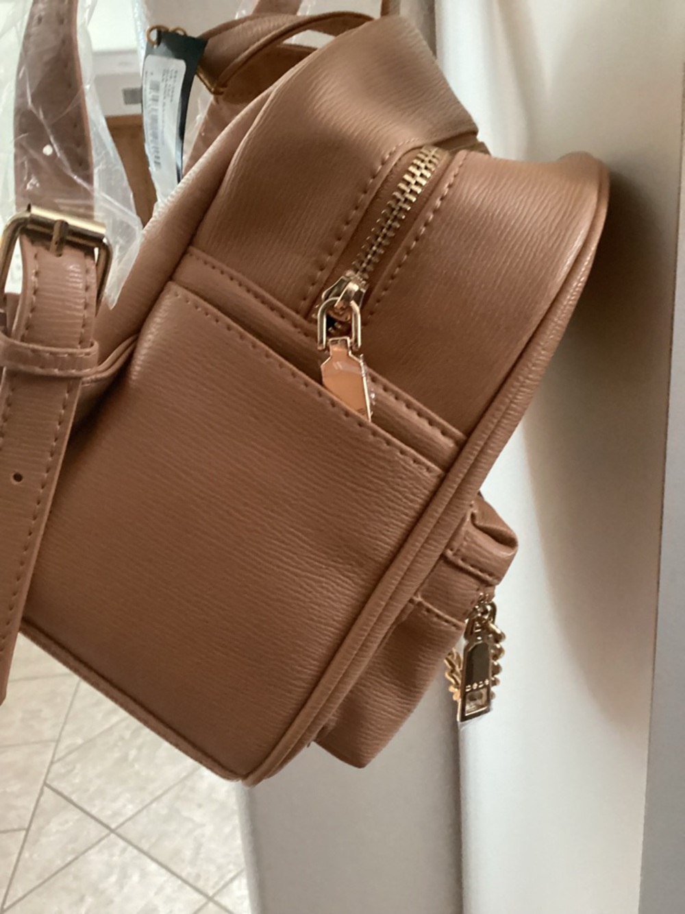 bebe Peach-Tan Mini Backpack with Gold Script Logo - Picture 5 of 6